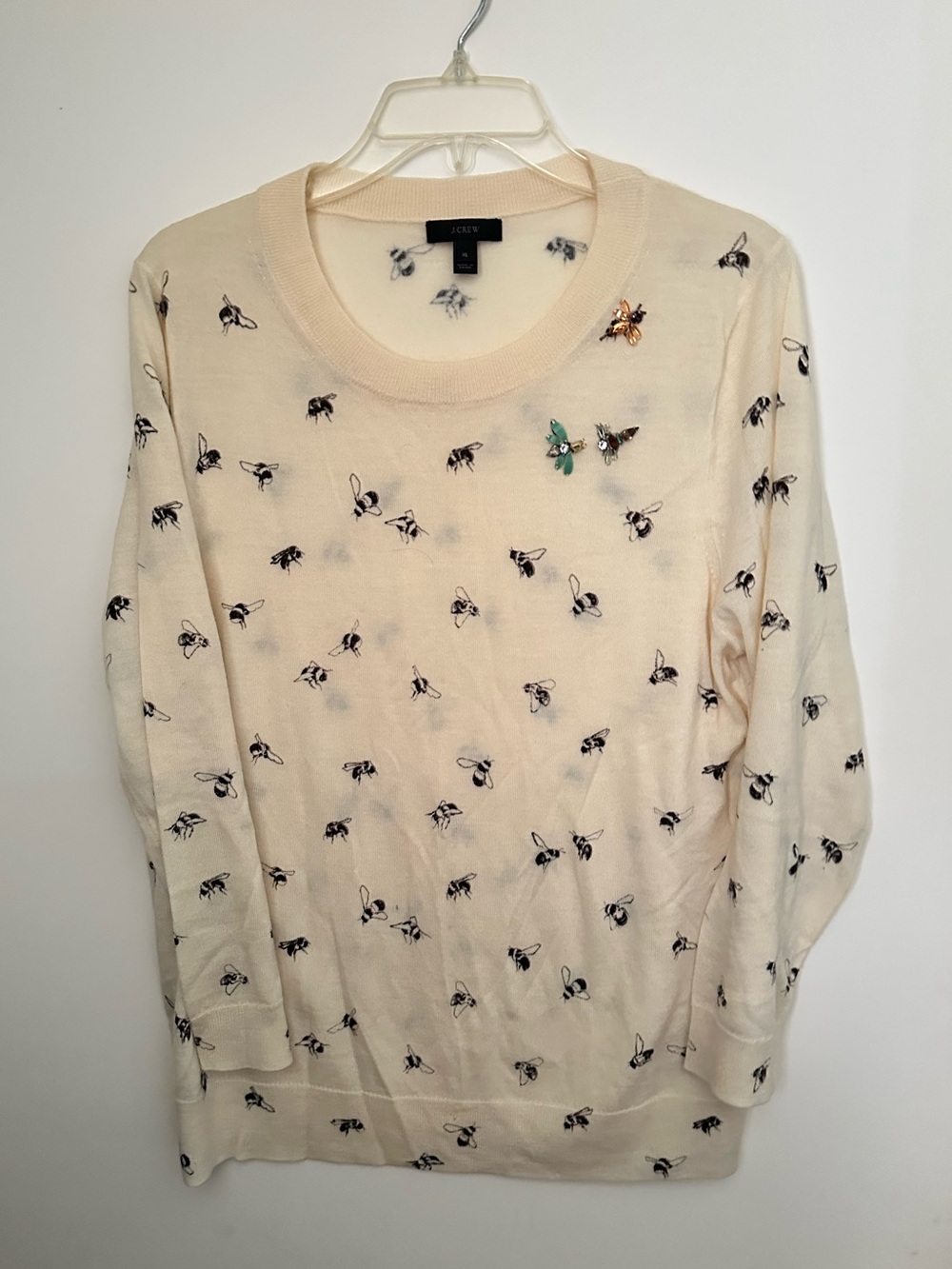 J. Crew Tippi Bee Print & Embellished Merino Wool Lightweight Sweater RARE~XL